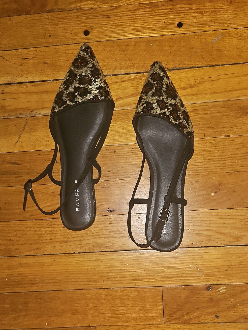 Rampage Leopard Sequin Pointed Toe Slingback Flats - Black/Brown/Gold